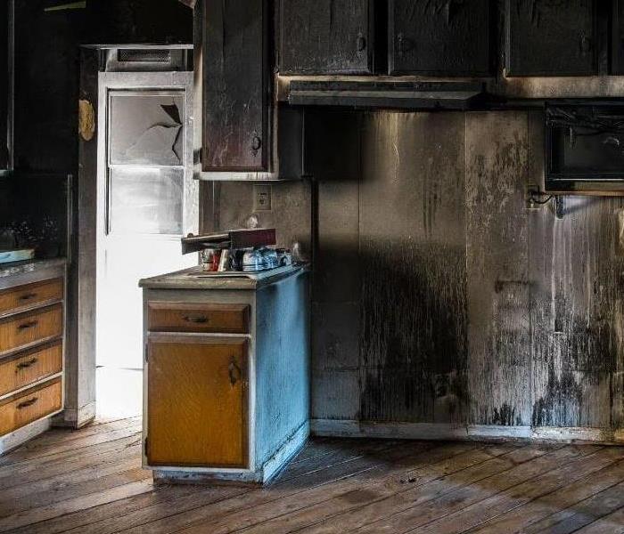 Fire damage inside a kitchen